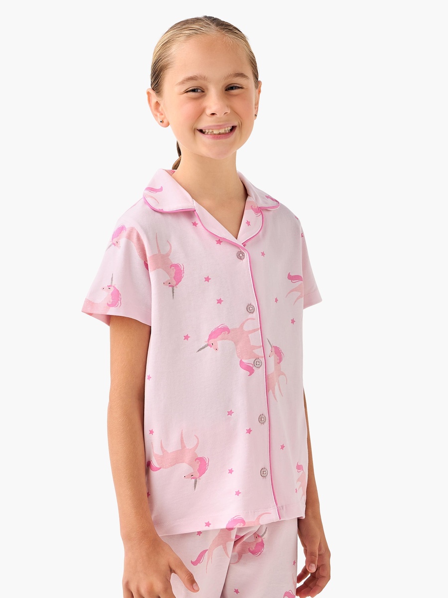 Cotton Collared Short Sleeves Pyjama Set with Unicorn Print