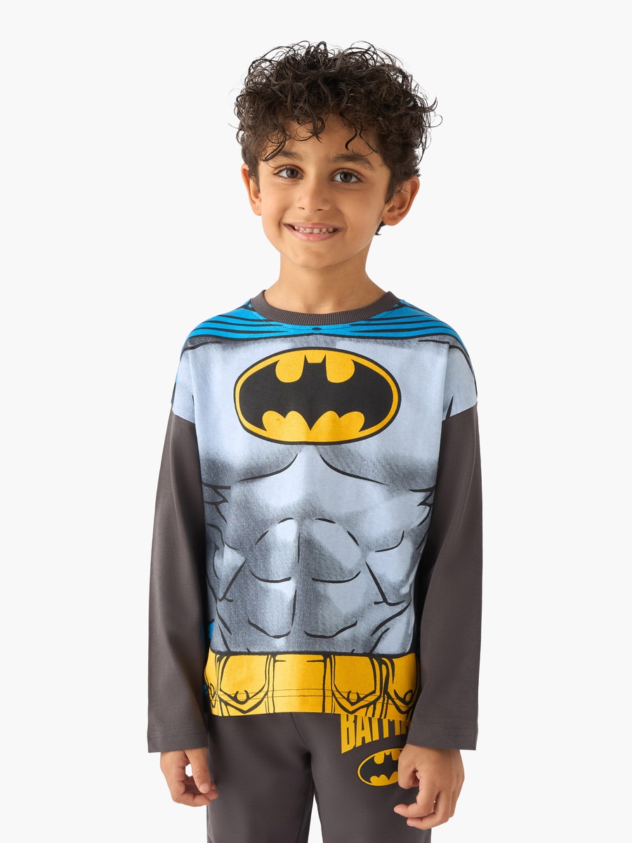 Cotton Crew Neck Long Sleeves Pyjama Set with Batman Print