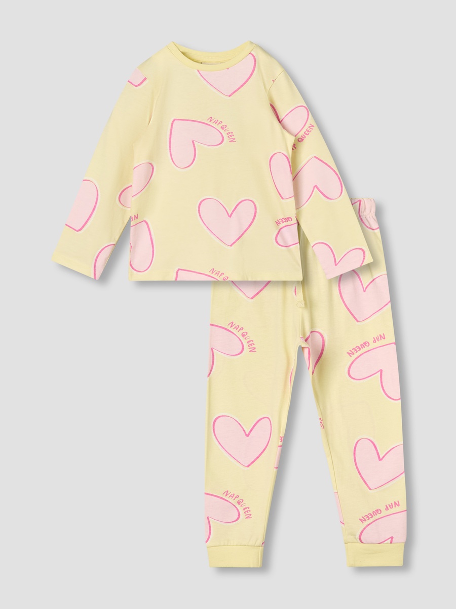 Cotton Round Neck Long Sleeves Pyjama Set with Heart Print
