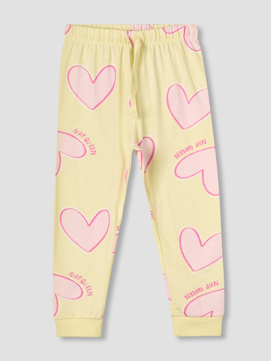 Cotton Round Neck Long Sleeves Pyjama Set with Heart Print