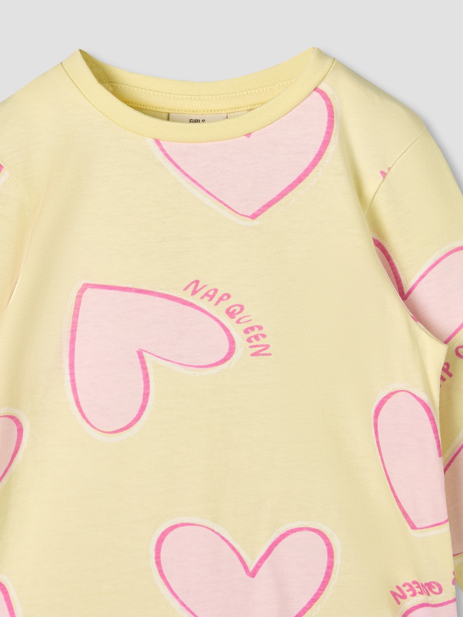 Cotton Round Neck Long Sleeves Pyjama Set with Heart Print