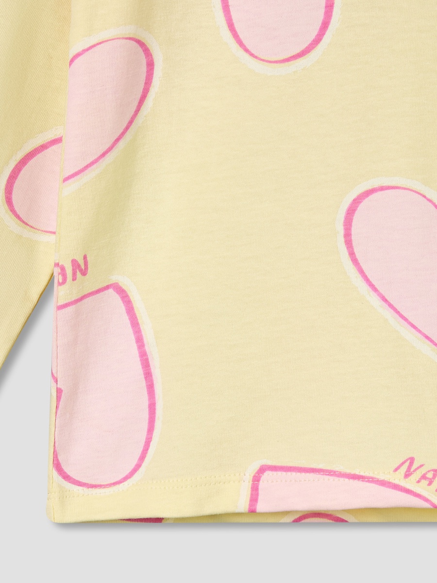 Cotton Round Neck Long Sleeves Pyjama Set with Heart Print