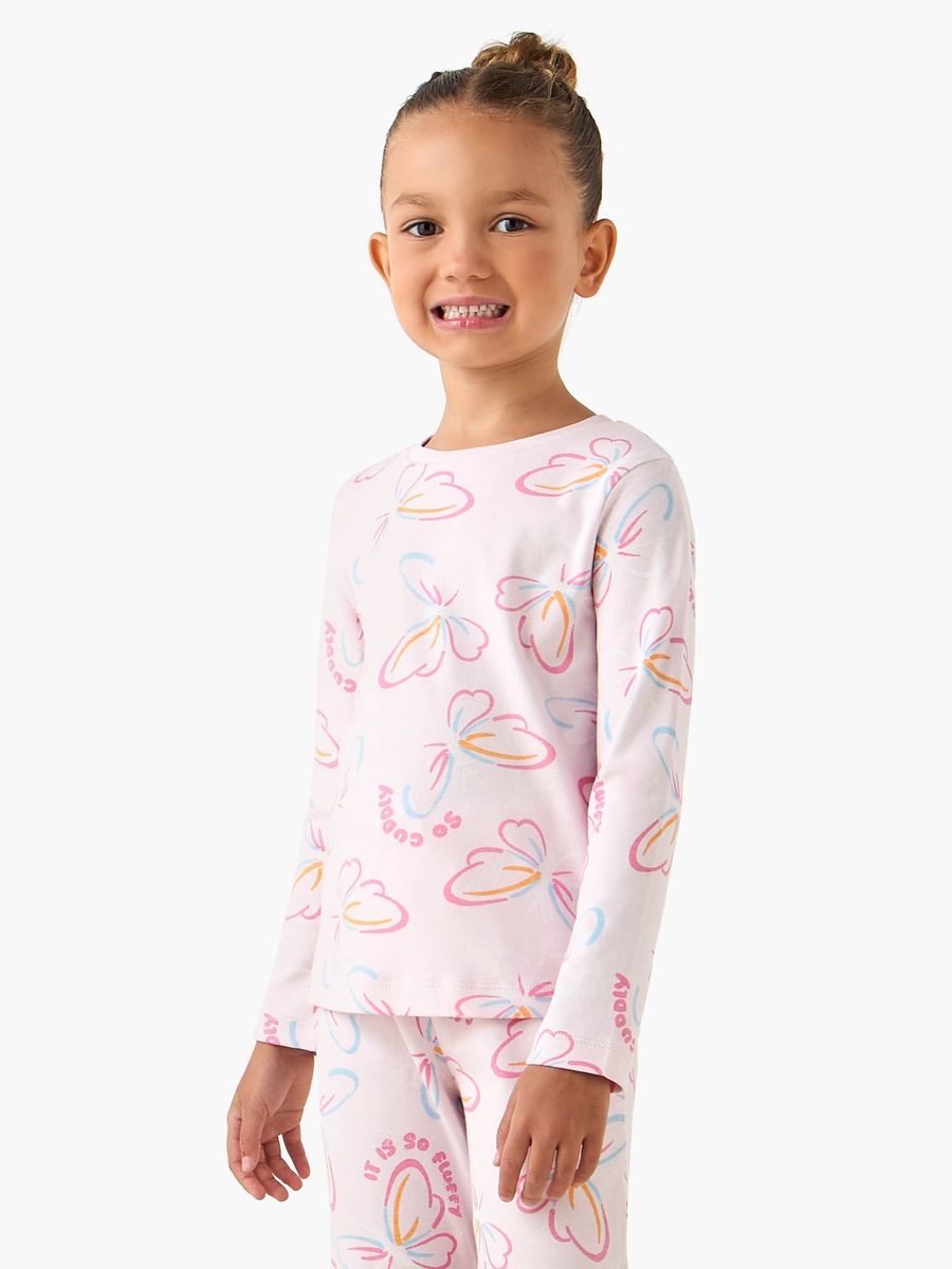 Cotton Crew Neck Long Sleeves Pyjama Set with Butterfly Print