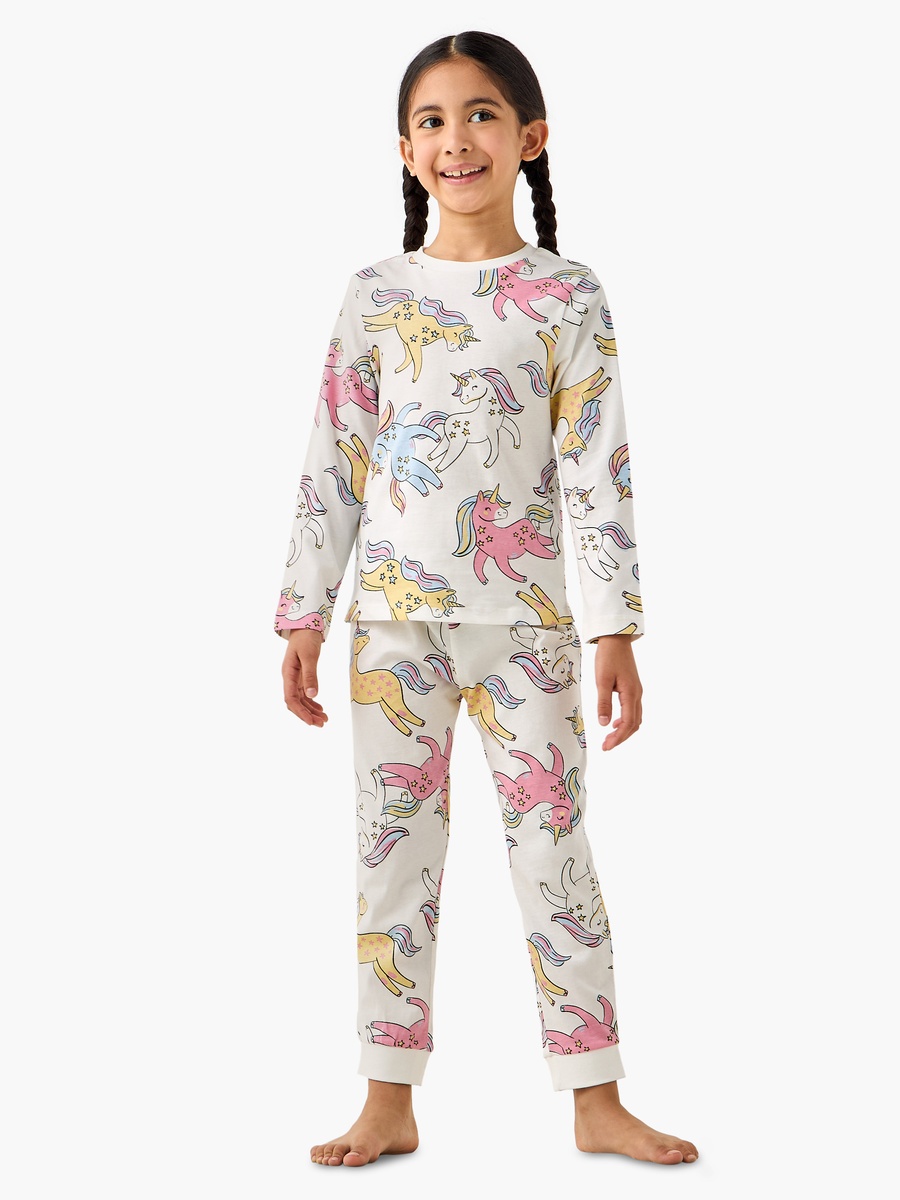 Cotton Round Neck Long Sleeves Pyjama Set with Unicorn Print