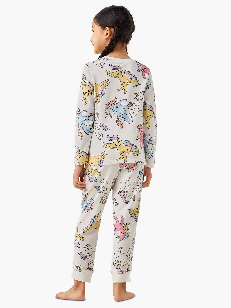 Cotton Round Neck Long Sleeves Pyjama Set with Unicorn Print