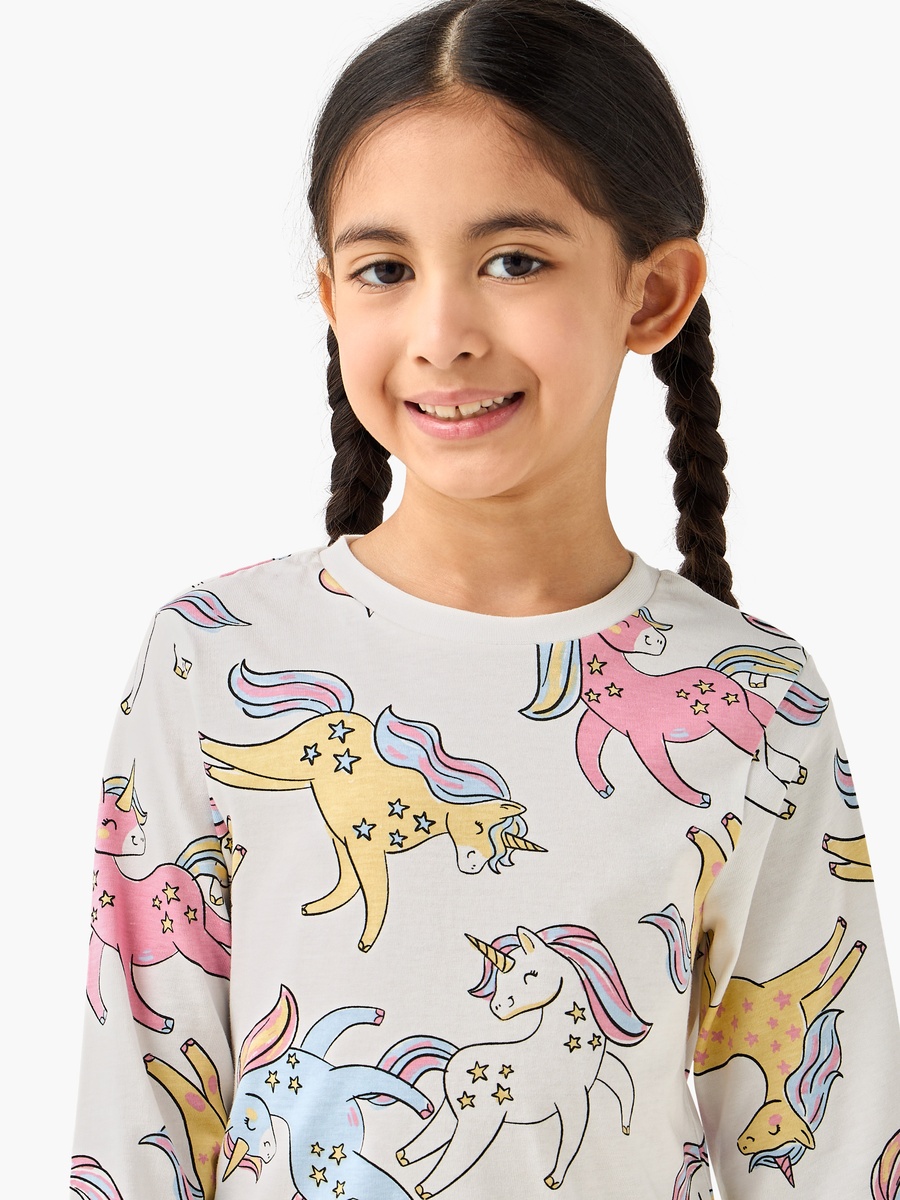 Cotton Round Neck Long Sleeves Pyjama Set with Unicorn Print