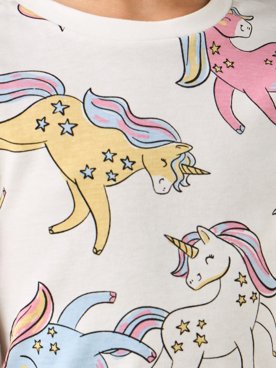 Cotton Round Neck Long Sleeves Pyjama Set with Unicorn Print