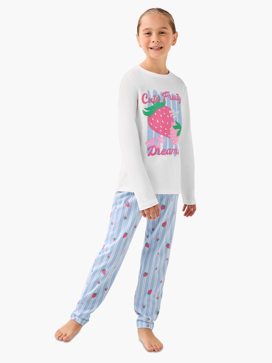 Cotton Round Neck Long Sleeves Pyjama Set with Strawberry Print