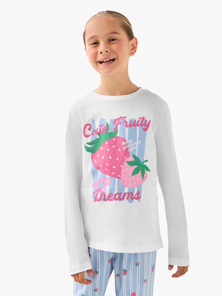 Cotton Round Neck Long Sleeves Pyjama Set with Strawberry Print
