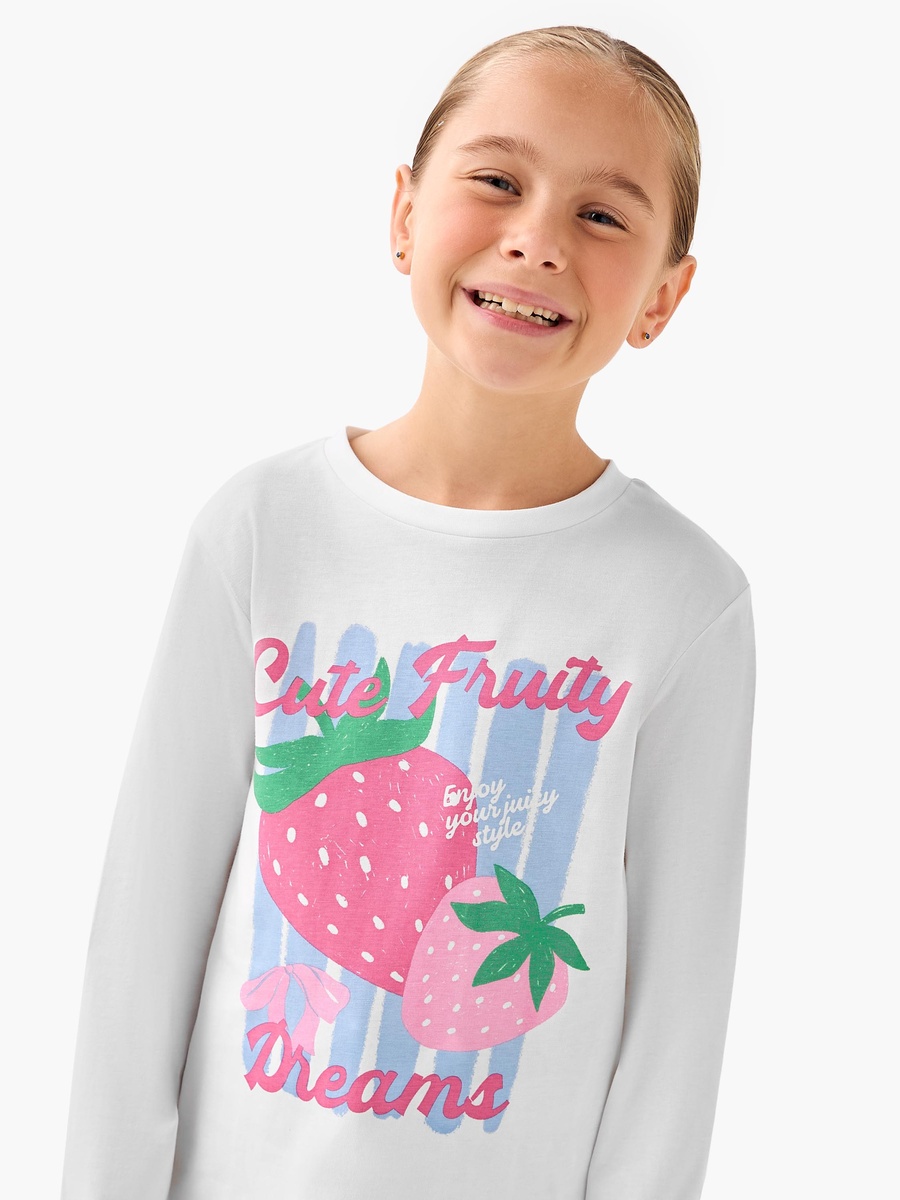 Cotton Round Neck Long Sleeves Pyjama Set with Strawberry Print