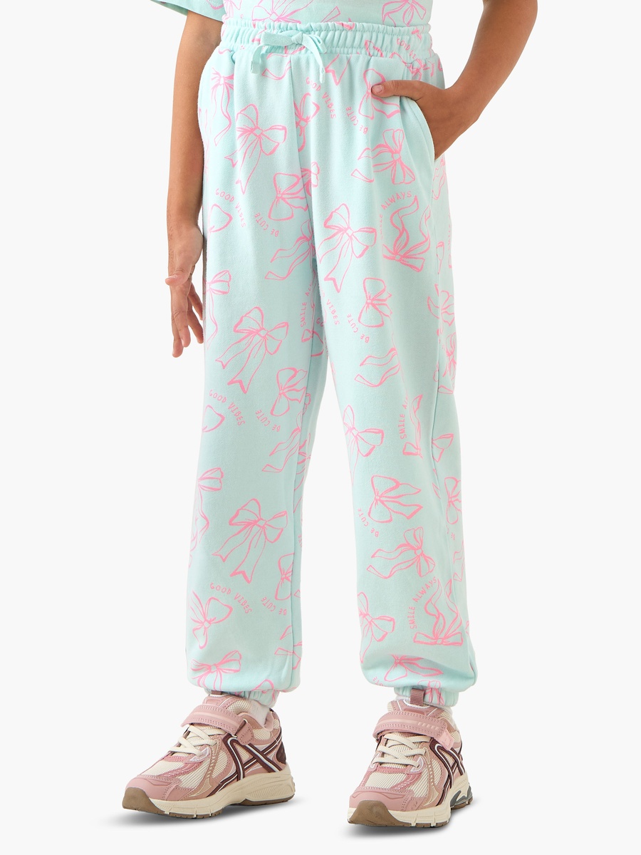 Elasticated Drawstring Waist Joggers with Bow Print