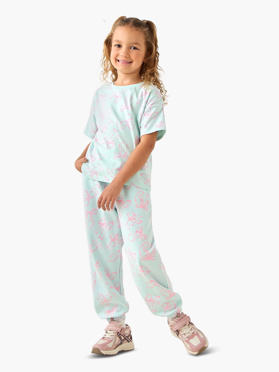 Elasticated Drawstring Waist Joggers with Bow Print