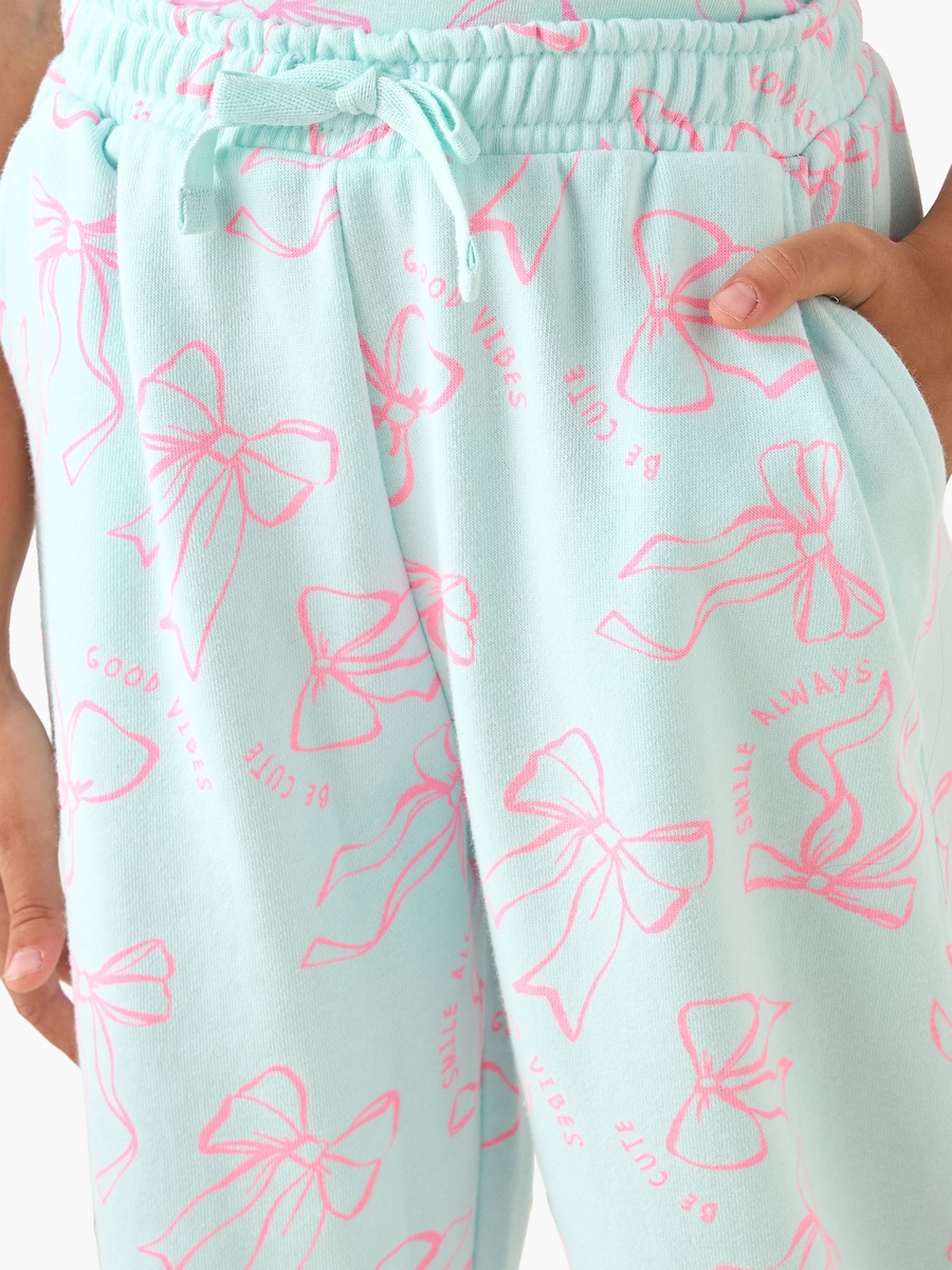 Elasticated Drawstring Waist Joggers with Bow Print