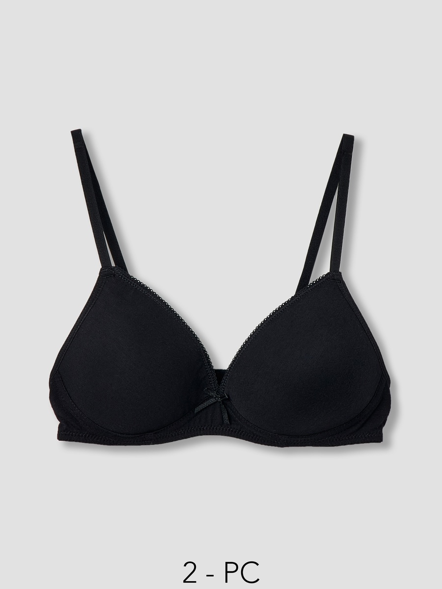 Solid Plunge Bra with Lace Detail and Adjustable Strap - Set of 2