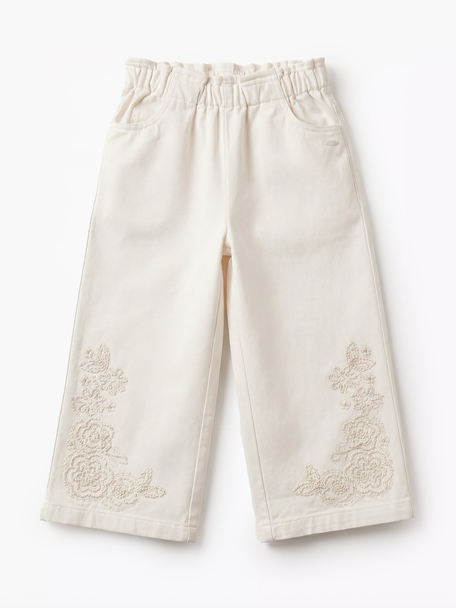 Paper Bag Waist Wide Leg Pants with Embroidered Detail
