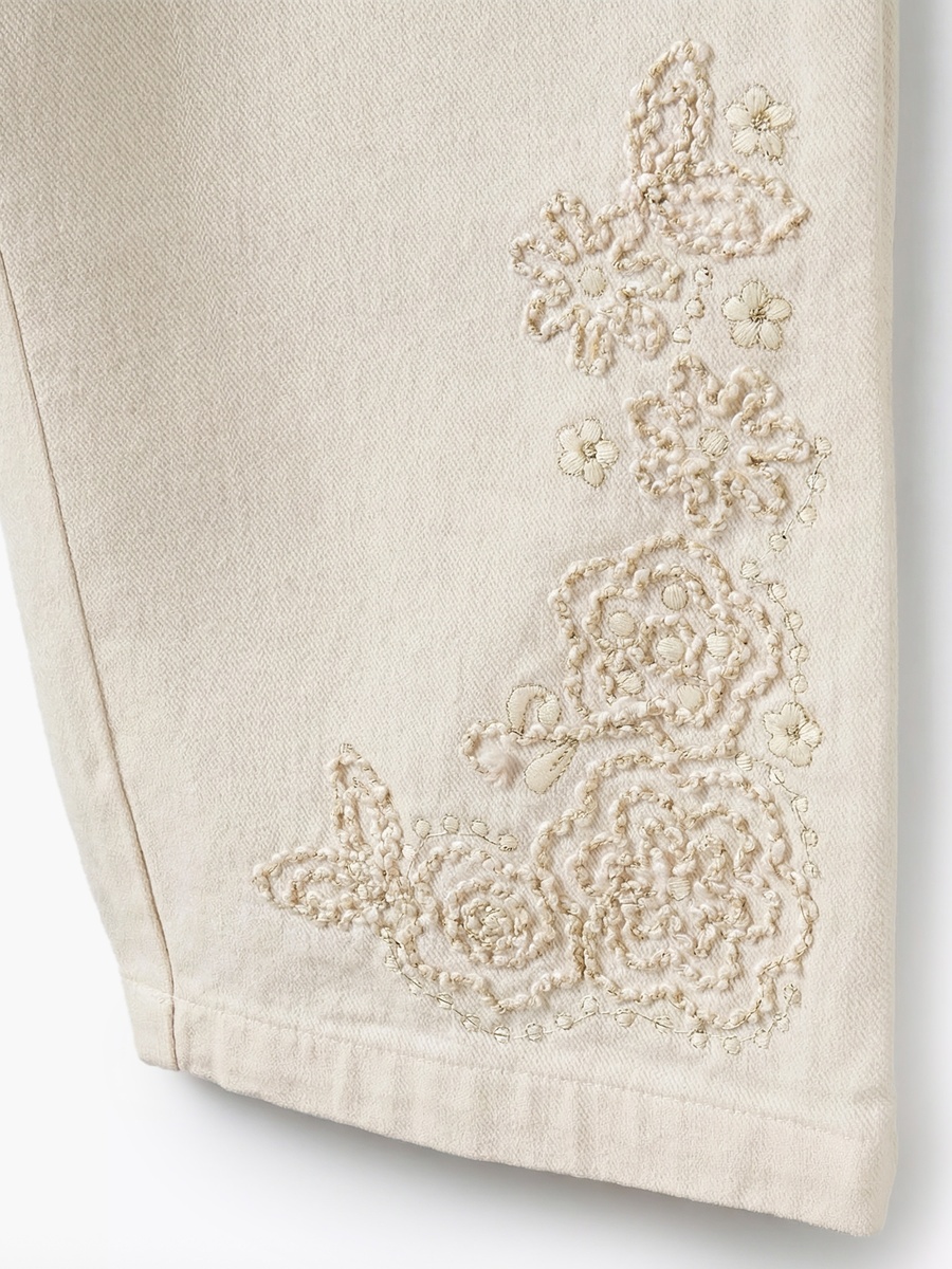 Paper Bag Waist Wide Leg Pants with Embroidered Detail