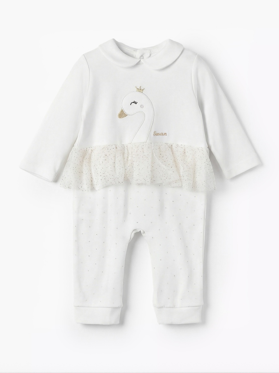 Cotton Peter Pan Collar Sleepsuit with Swan Embroidery