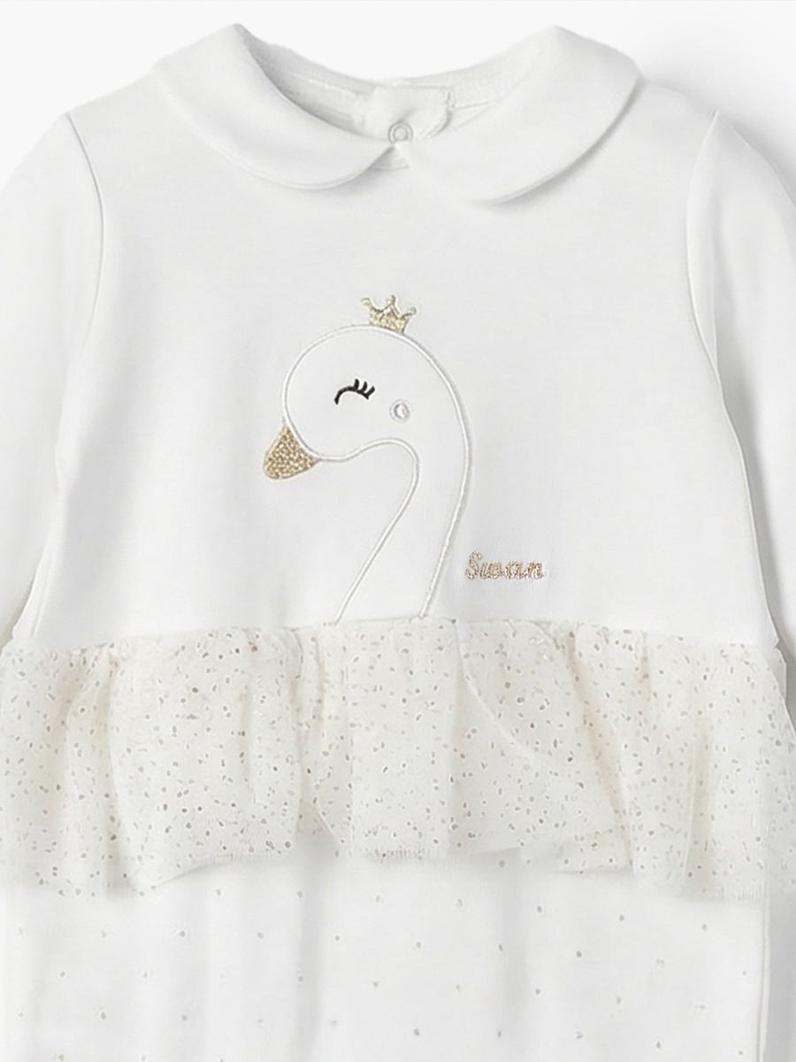 Cotton Peter Pan Collar Sleepsuit with Swan Embroidery