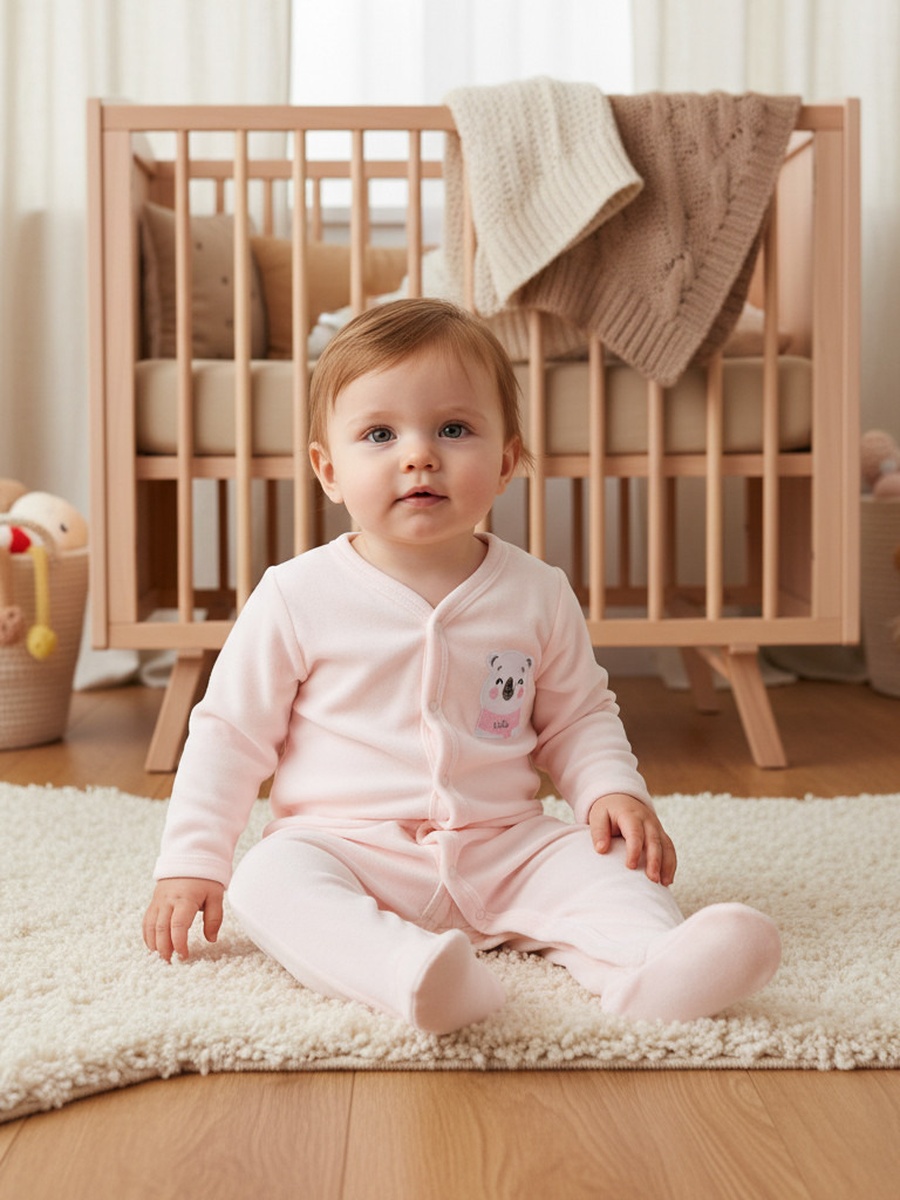 V Neck Sleepsuit with Long Sleeves and Snap Button Closure