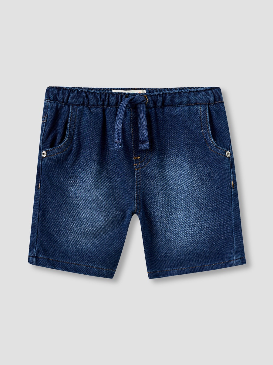 Solid Denim Shorts with Drawstring Closure and Pockets