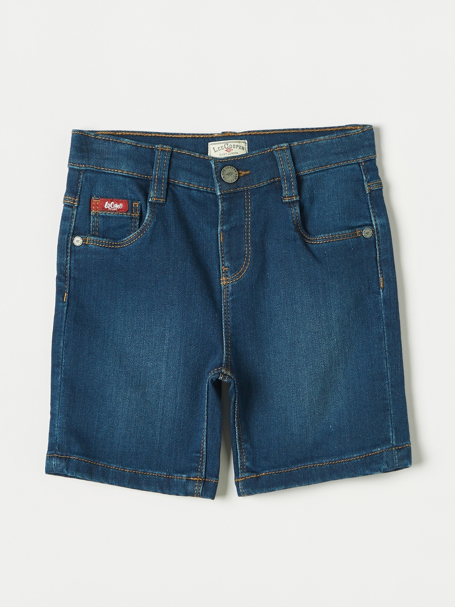 Solid Denim Shorts with Button Closure and Pockets