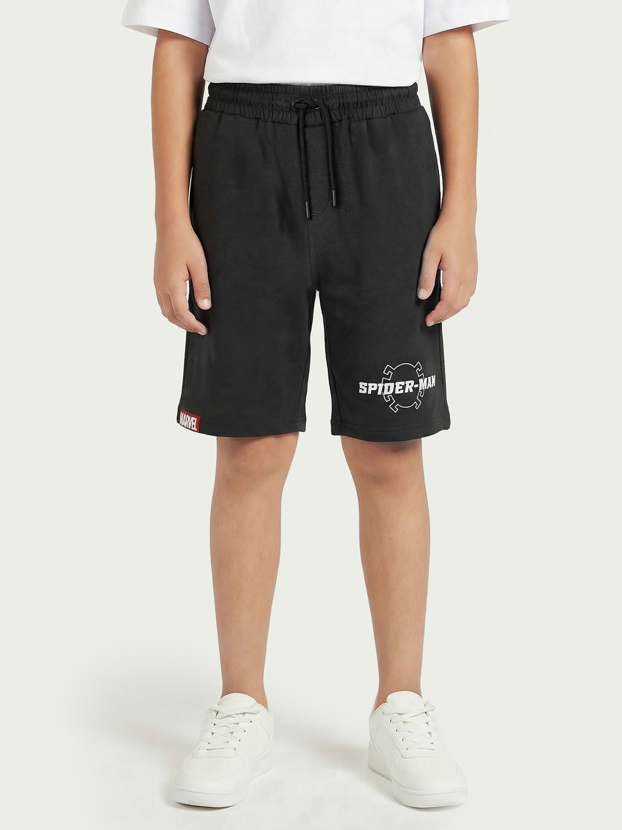 Knee Length Drawstring Waistband Shorts with Spider-Man Print