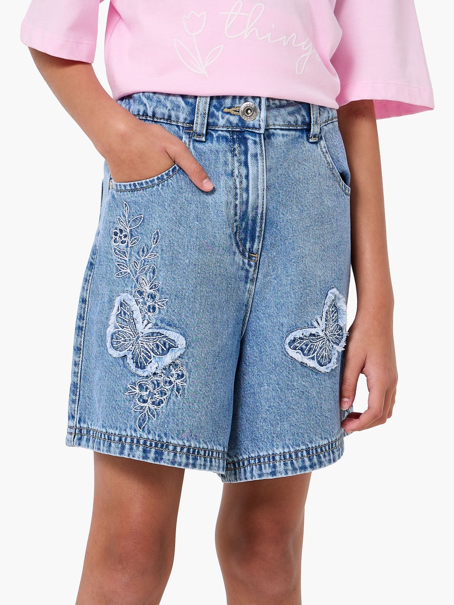 Knee Length Denim Shorts with Butterfly Embroidery