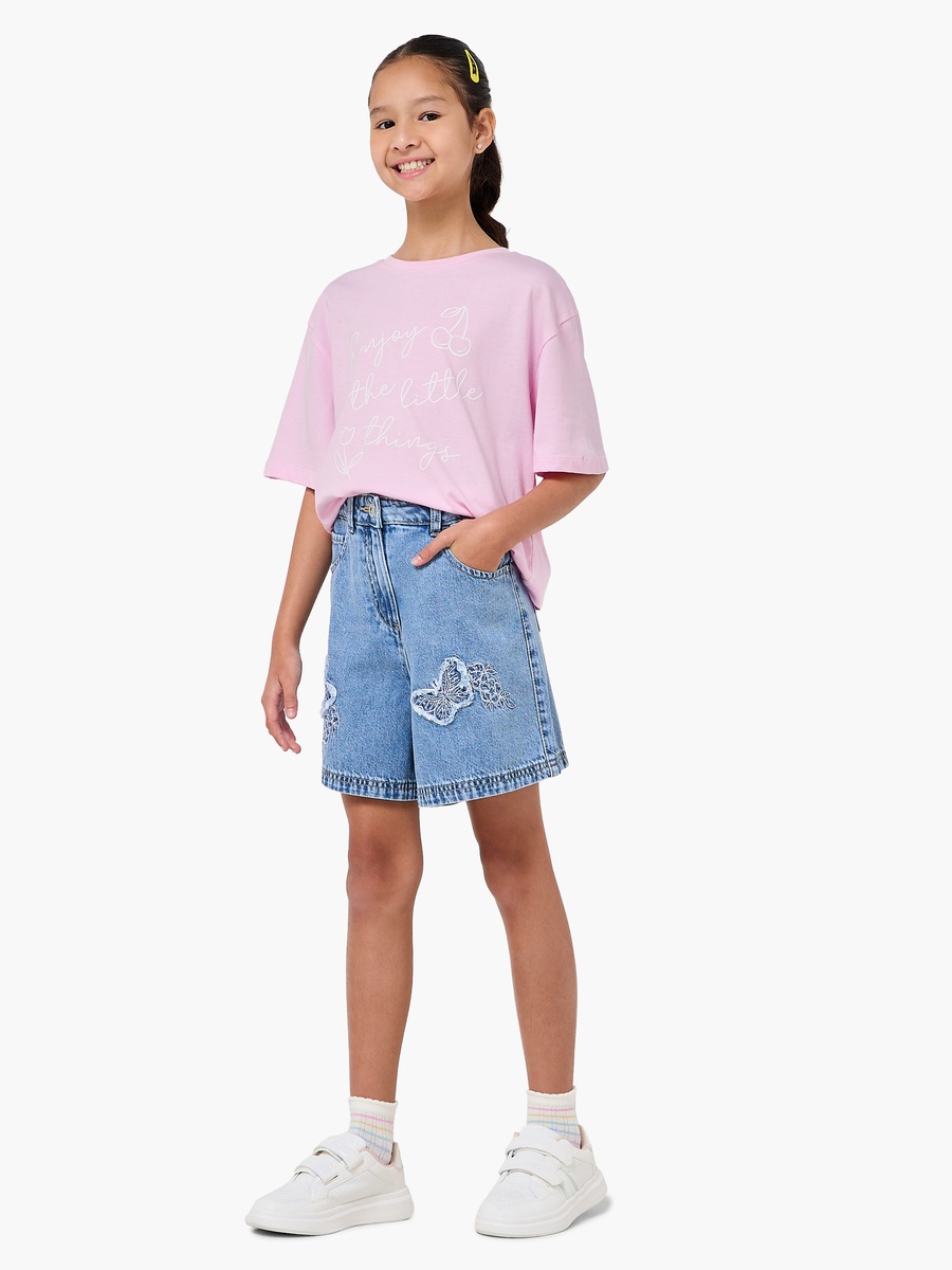 Knee Length Denim Shorts with Butterfly Embroidery