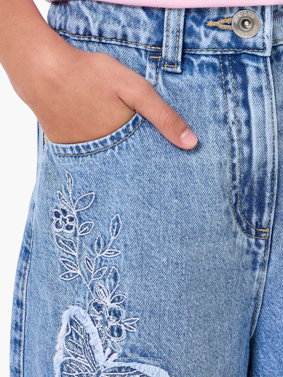 Knee Length Denim Shorts with Butterfly Embroidery