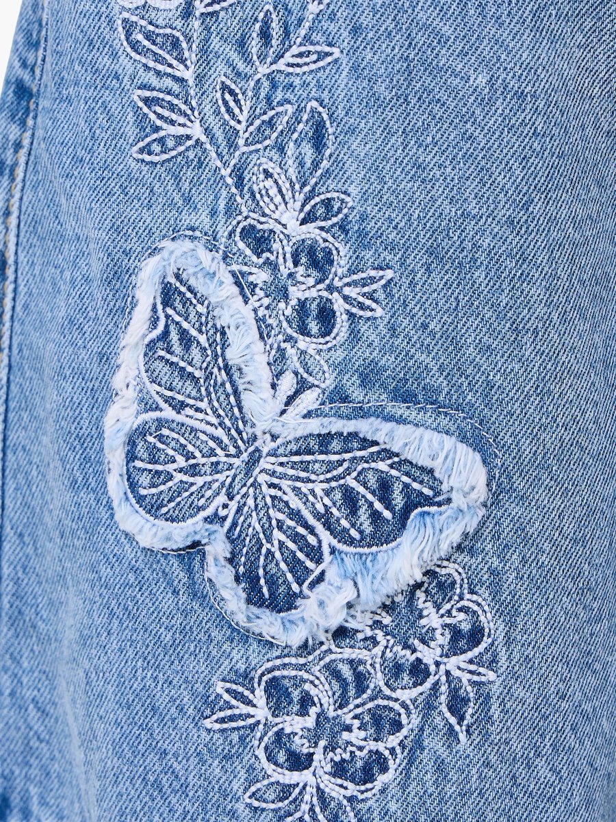 Knee Length Denim Shorts with Butterfly Embroidery