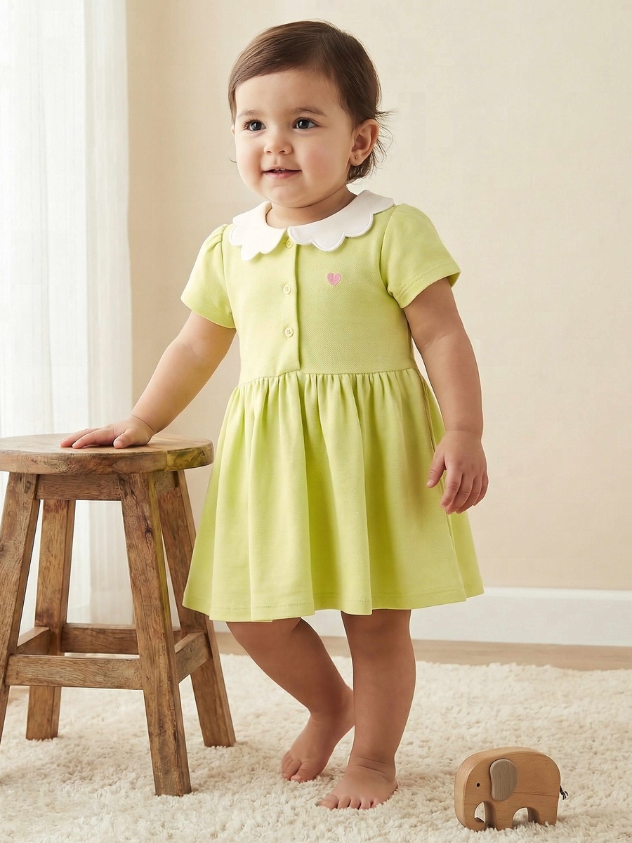 Scalloped Collar A-Line Dress with Heart Embroidery