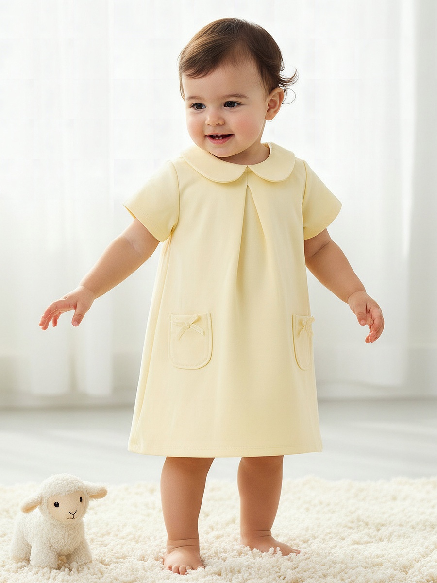 Peter Pan Collar Short Sleeve Dress with Bow Accent