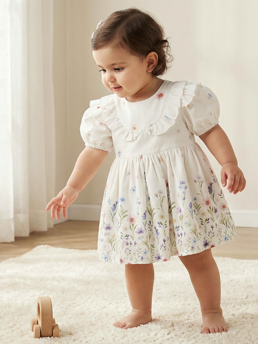 Round Neck Short Sleeves A-Line Dress with Floral Print