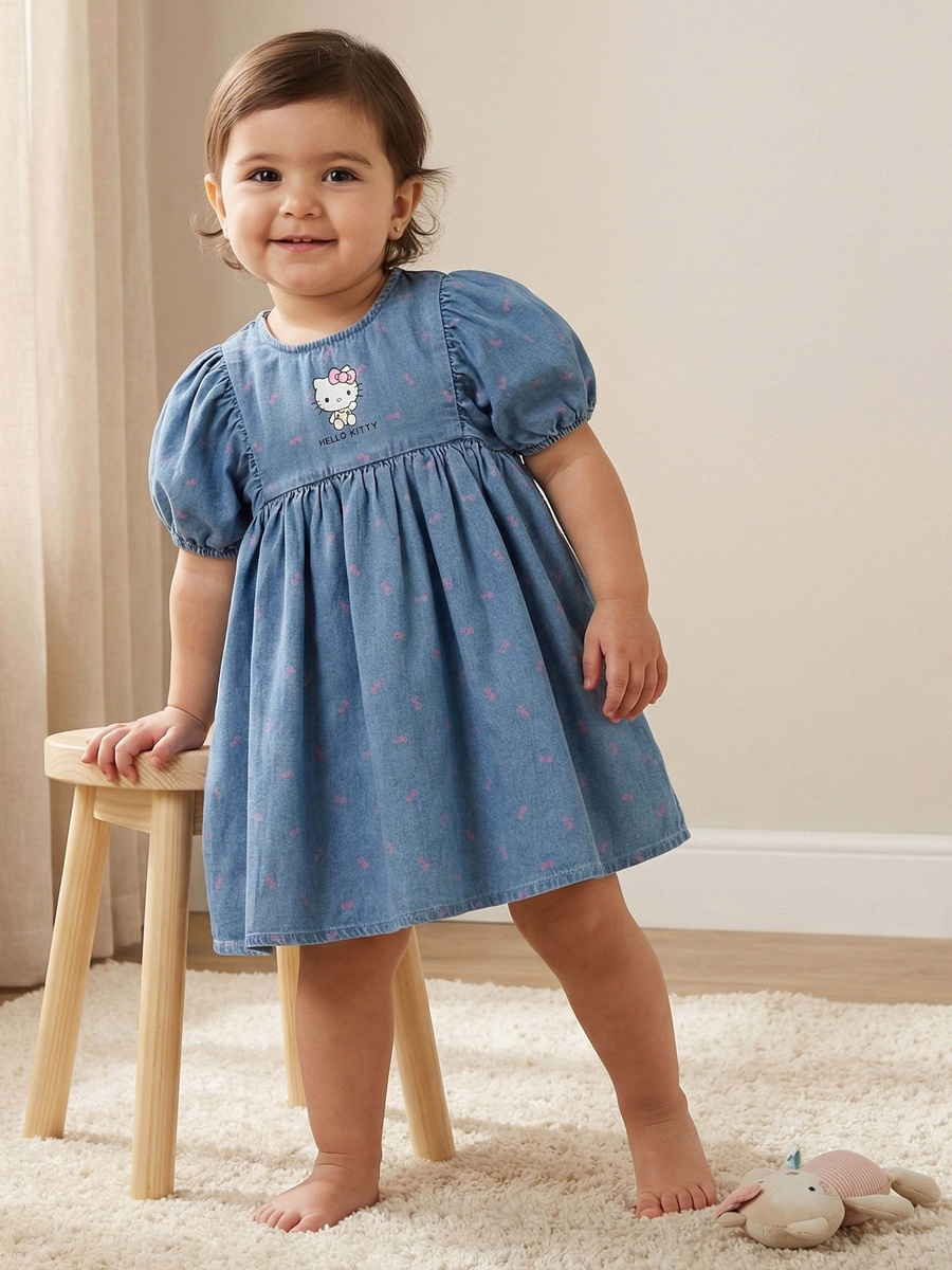 Round Neck Short Sleeves Denim Dress with Hello Kitty Print For Default  Category at Bahrain | Styli