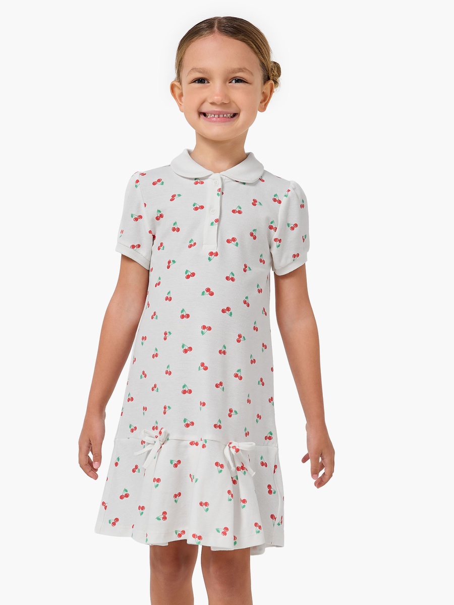 Collared Short Sleeves Drop Waist Dress with Cherry Print
