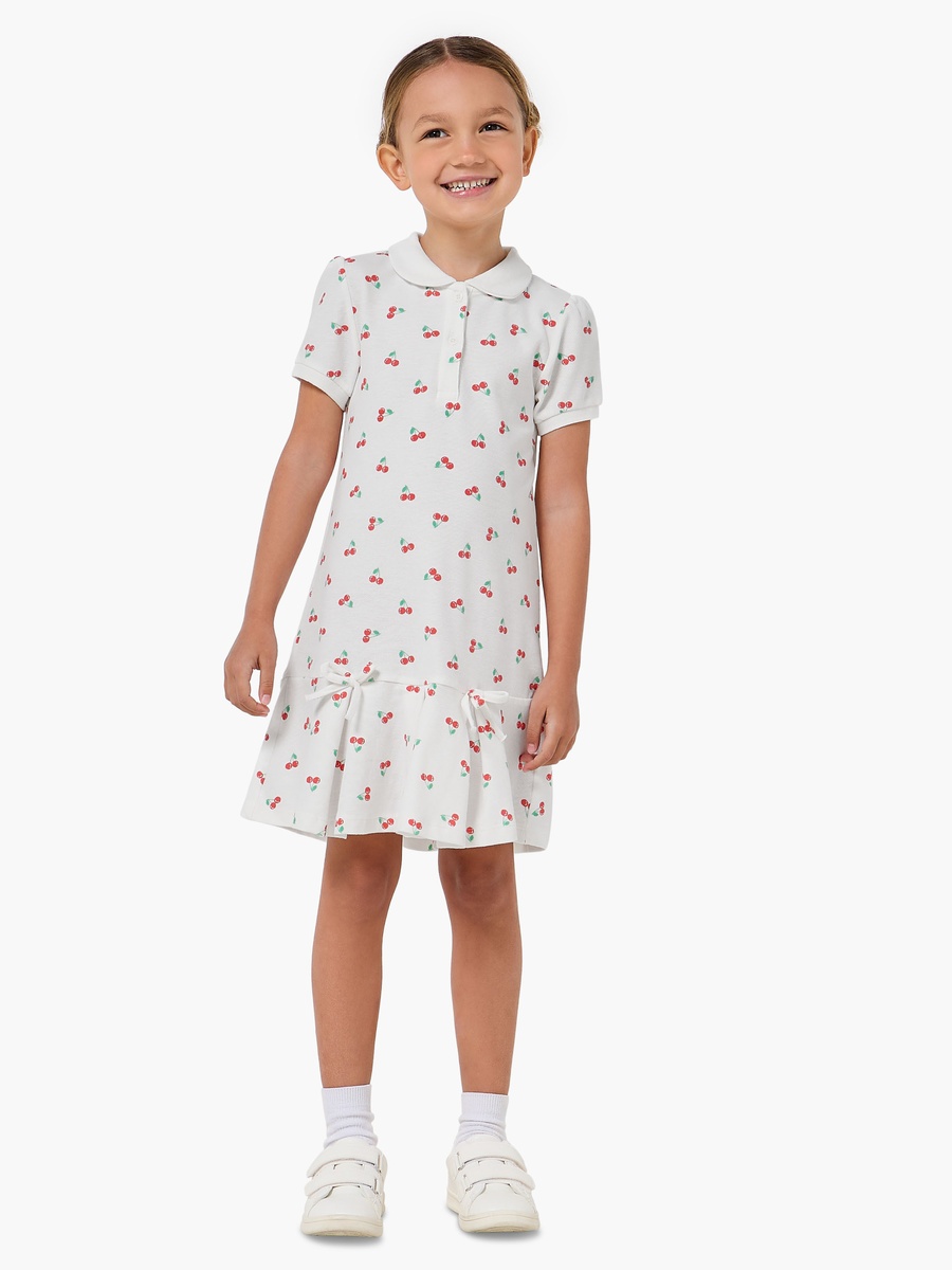 Collared Short Sleeves Drop Waist Dress with Cherry Print