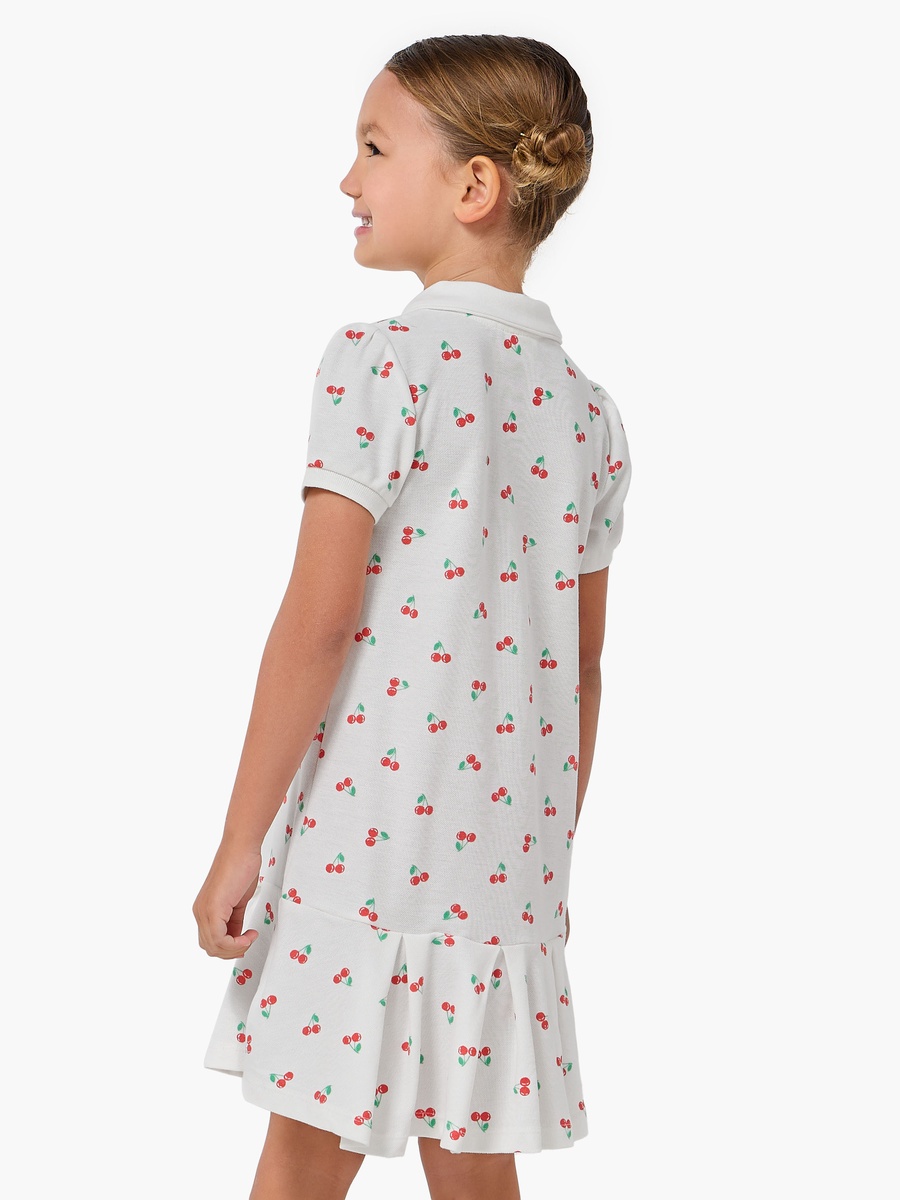 Collared Short Sleeves Drop Waist Dress with Cherry Print