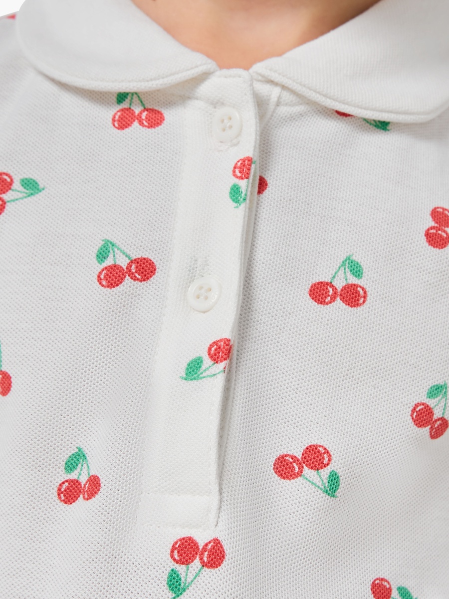 Collared Short Sleeves Drop Waist Dress with Cherry Print