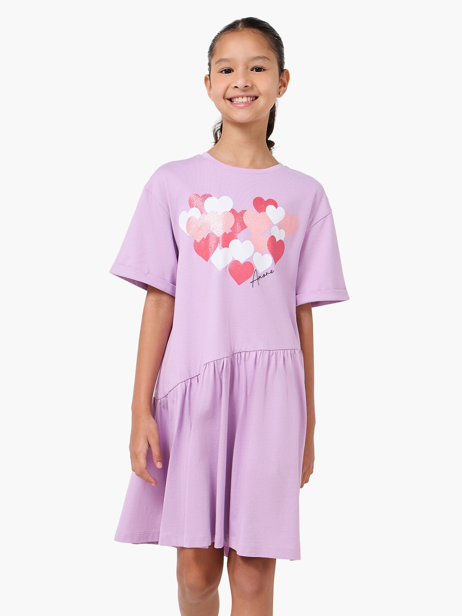 Short Sleeves Drop Waist Dress with Heart Print