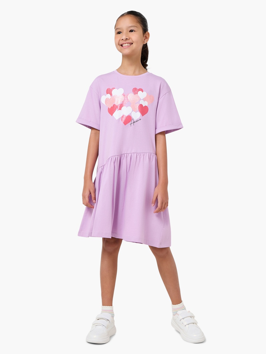 Short Sleeves Drop Waist Dress with Heart Print