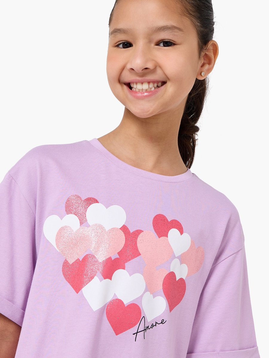Short Sleeves Drop Waist Dress with Heart Print