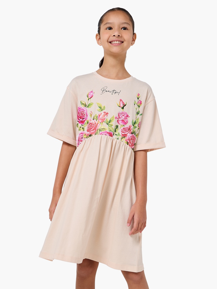 Short Sleeves Knee Length A-Line Dress with Floral Print