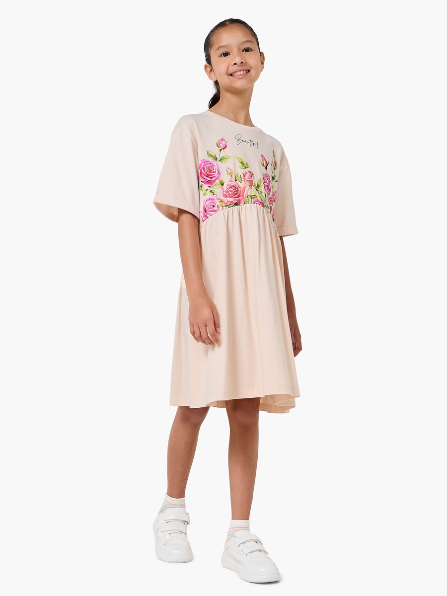 Short Sleeves Knee Length A-Line Dress with Floral Print
