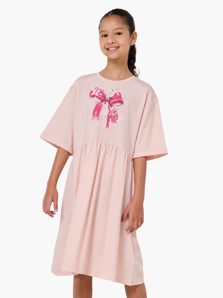 Short Sleeves Knee Length A-Line Dress with Bow Print