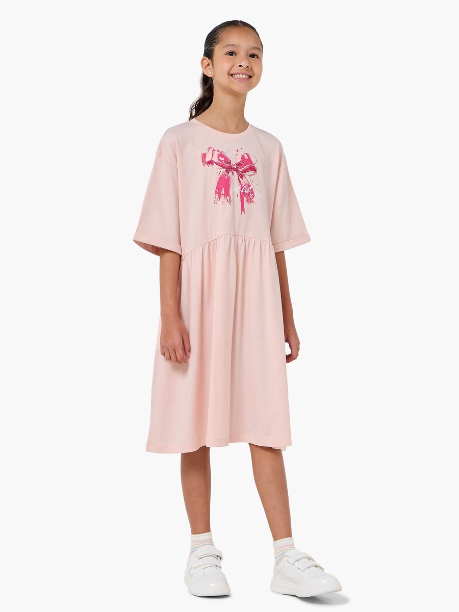 Short Sleeves Knee Length A-Line Dress with Bow Print