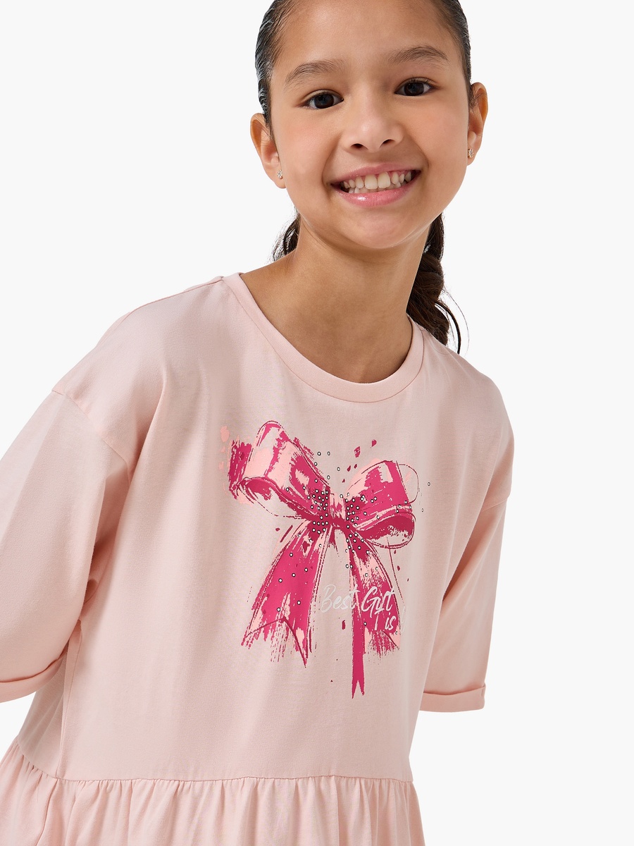 Short Sleeves Knee Length A-Line Dress with Bow Print