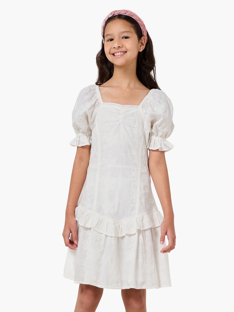 Short Sleeves A-Line Dress with Floral Embroidery