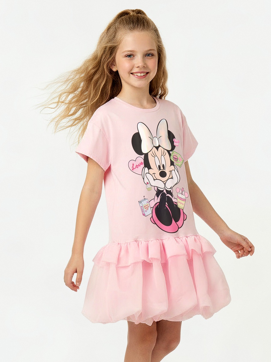 Short Sleeves Drop Waist Dress with Minnie Mouse Foil Print