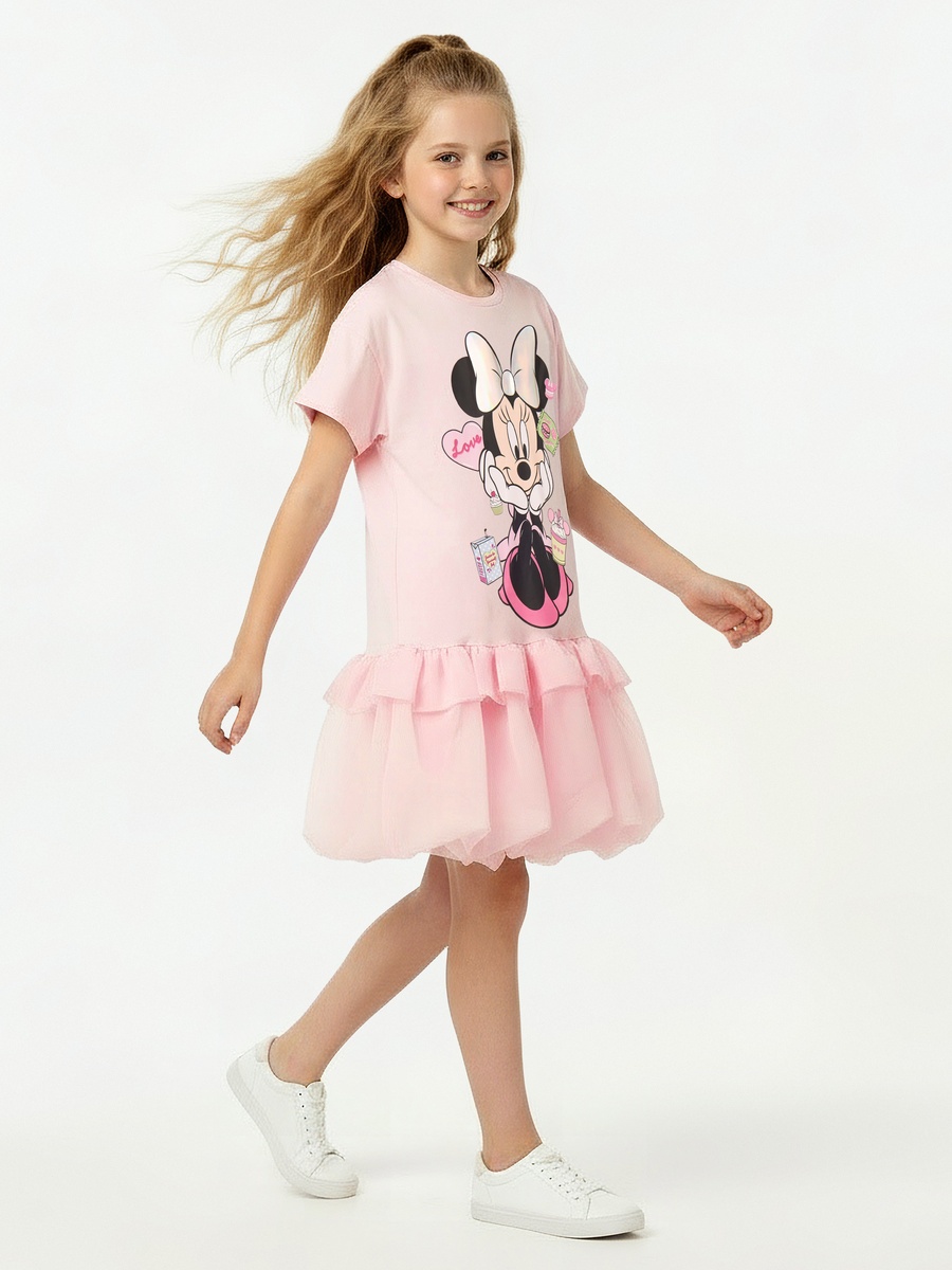 Short Sleeves Drop Waist Dress with Minnie Mouse Foil Print