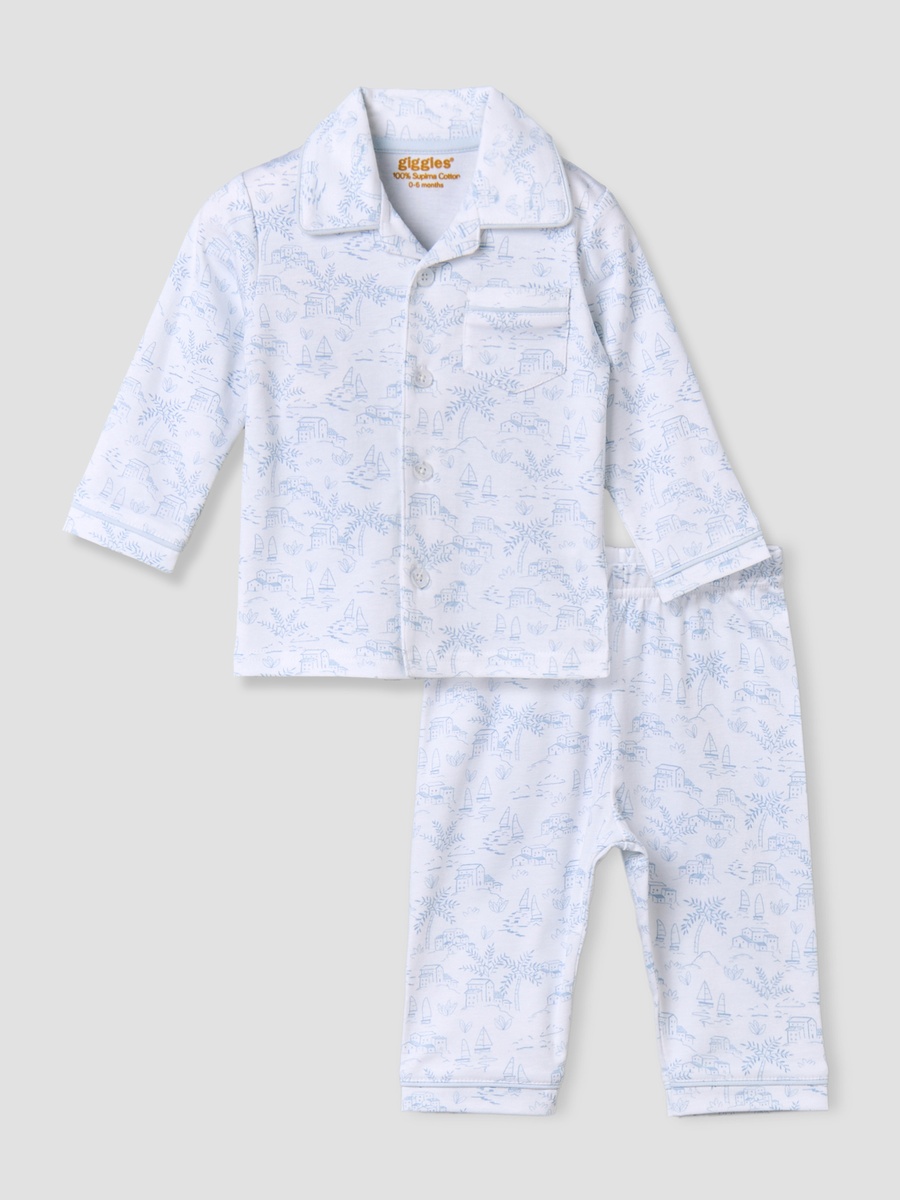 Cotton Collared Long Sleeves Pyjama Set with Print